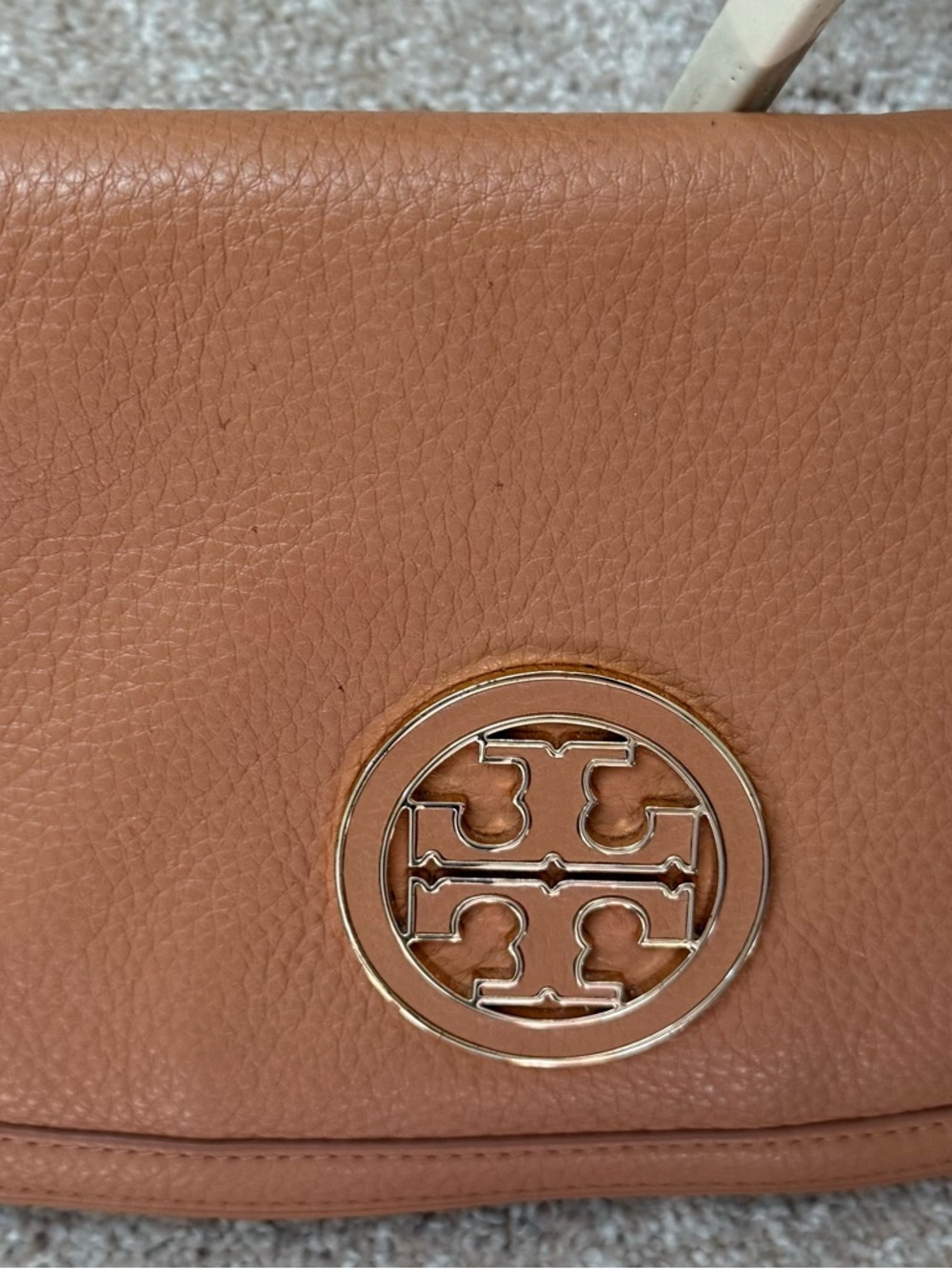 Tory Burch Pebbled Leather Crossbody in Camel Tan with Gold Logo